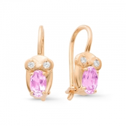 Серьги детские Совы из красного золота с фианитами, аметистами