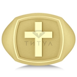 Тяжелое мужское кольцо с крестом из желтого золота без камней