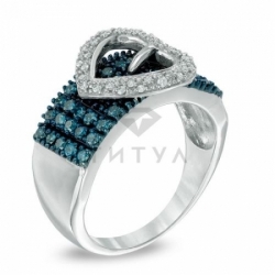 Кольцо в форме сердца из серебра с голубыми бриллиантами