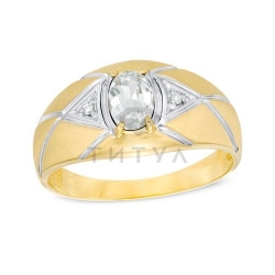 Мужское кольцо из комбинированного золота с белым топазом и бриллиантом