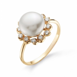Золотое кольцо с белым жемчугом, бриллиантами