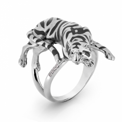 Кольцо Тигр из белого золота с бриллиантами, эмалью