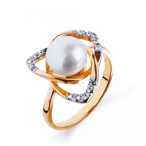 Золотое кольцо с белым жемчугом, бриллиантами