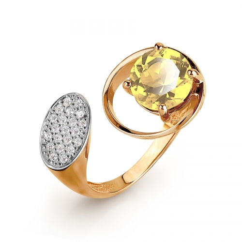 Золотое кольцо с хризолитом и фианитами