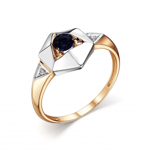 Женское кольцо из красного золота 585 пробы с круглым сапфиром и бриллиантами