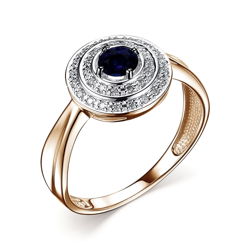 Женское кольцо из красного золота 585 пробы с круглым сапфиром и бриллиантами