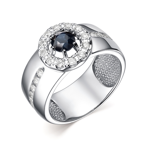 Женское кольцо из белого золота 585 пробы с круглым сапфиром и бриллиантами