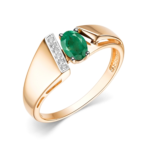 Женское кольцо из красного золота 585 пробы с овальным изумрудом и бриллиантами