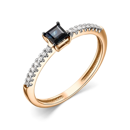 Женское кольцо из красного золота 585 пробы с квадратным сапфиром и бриллиантами